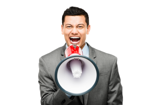 An asian businessman shouting into a megaphone isolated on a PNG background.