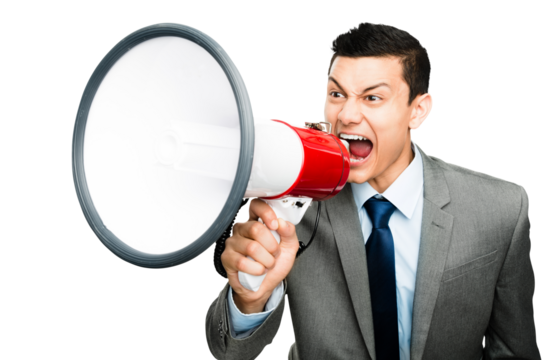 An asian businessman shouting into a megaphone isolated on a PNG background.