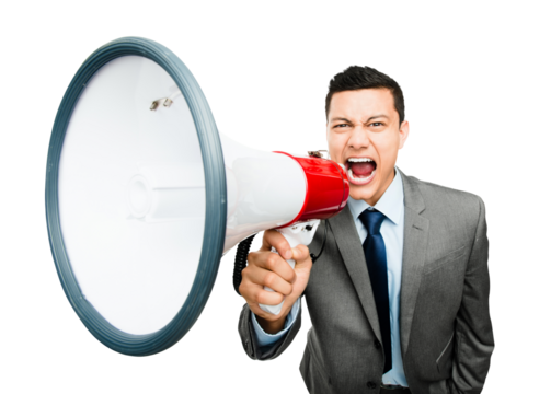 An asian businessman shouting into a megaphone isolated on a PNG background.