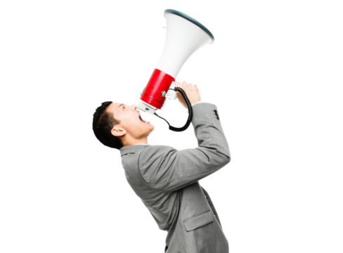 An asian businessman shouting into a megaphone isolated on a PNG background. - Powered by Adobe