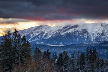 Naklejka na ściany i meble Winter landscape of Tatra Mountains at sunrise. Poland