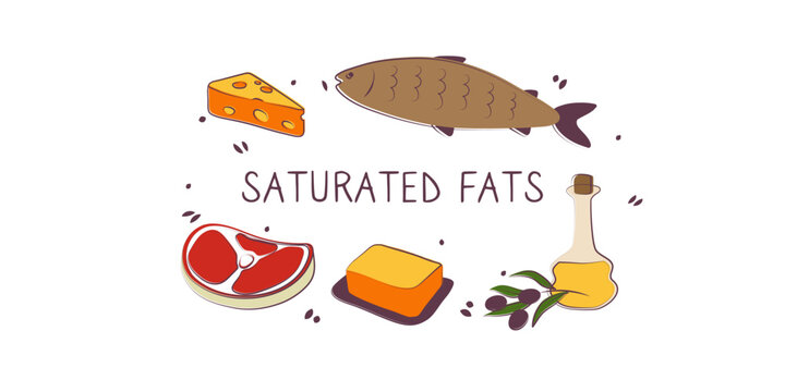 Saturated fatty acids-containing food. Groups of healthy products containing vitamins and minerals. Set of fruits, vegetables, meats, fish and dairy.