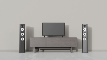 TV on the cabinet and acoustic system on the floor in modern living in an empty room with on blue wall background, 3d rendering