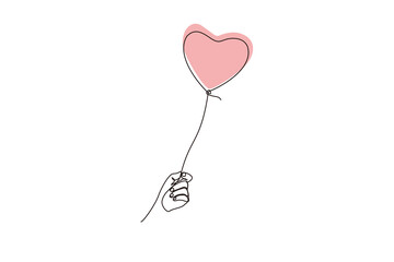 Valentines day theme Line art design with hand holding heart balloon isolated on white background,