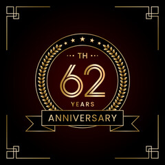 62th Anniversary Logo Design Concept with Laurel wreath for Birthday Celebration Event. Line Art Design, Logo Vector Template