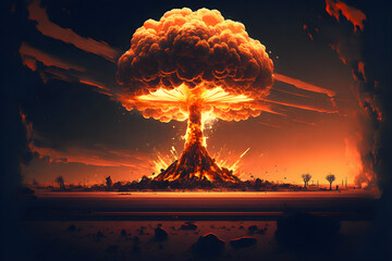 An explosion in a town's skyline making a nuclear fire mushroom cloud in an apocalyptic war. Nuclear explosion of atomic bomb in a nuclear war. 3D digital illustration.