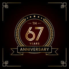 67th Anniversary Logo Design Concept with Laurel wreath for Birthday Celebration Event. Line Art Design, Logo Vector Template