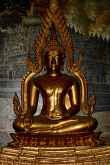Portrait Front View Old Metal Bronze Of Classical Buddha Statue In A Room Of The Monastery Hall