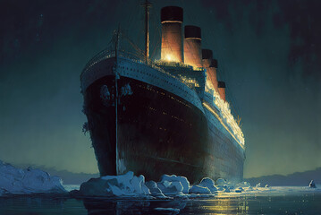 Side view of Titanic ship in the night. Generative AI. - obrazy, fototapety, plakaty