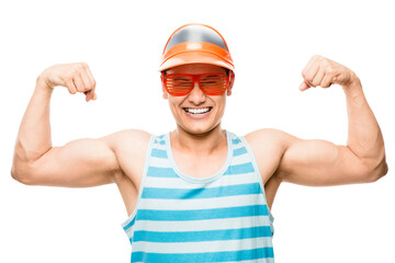A young bodybuilder flexing his muscles isolated on a PNG background.