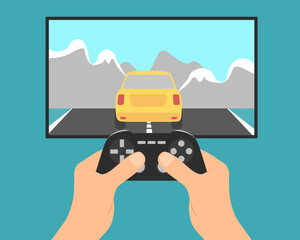 Flat design illustration of male hands, tv set and game controller. Player playing car racing video game, vector © Forgem