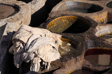 Fes, Morocco, Tannery aerial view Africa Old tanks of the Fez's tanneries with color paint for...