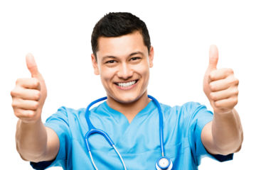 A young male nurse giving the thumbs up isolated on a PNG background.
