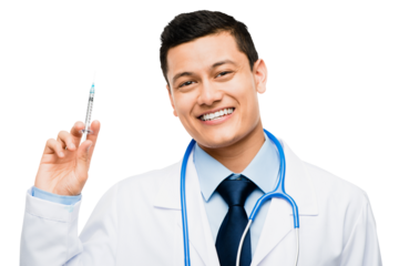 A young male doctor ready to administer an injection isolated on a PNG background.
