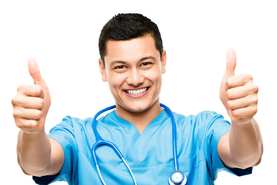 A Young Male Nurse Giving The Thumbs Up Isolated On A PNG Background.