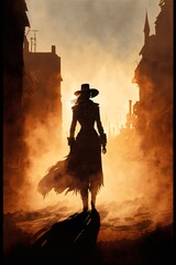 Female gunslinger sunset western postapocalypse created with AI