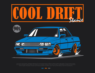 retro 90s illustration of car design in black backdrop and blue tone vector graphic