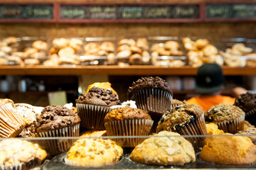 Restaurant vignette, NYC, muffins and pastries.