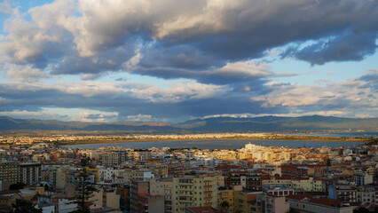 Wide angle overview of the city of Cagliari, Sardinia, in evening sunshine