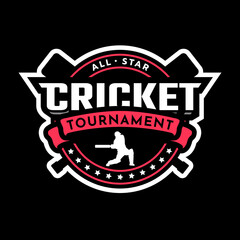 Cricket tournament. Sport logo emblem on a dark background. Vector illustration.