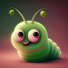 Cartoon caterpillar character, cute 3d worm or grub funny personage, smiling larva or insect on defocused background. Kawaii garden and forest pest crawl, lovely bug happy positive illustration