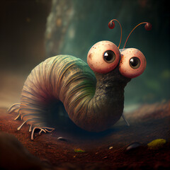 Cartoon worm , caterpillar or centipede 3d character. Funny whimsical insect personage, larva or grub in garden or forest defocused background. illustration of parasite pest crawl, bug with big eyes