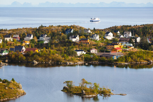 The ferry from Bodo passes the town of Sorvagen on Moskenesoya, Lofoten Islands, Norway.