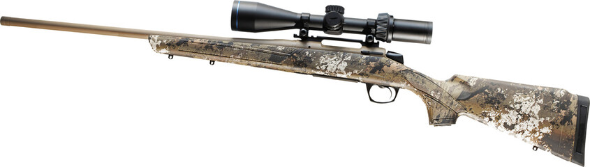 Camouflaged bolt action rifle with a riflescope