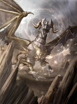 A fabulous, mythical creature with large wings, spikes and claws among sharp rocks under bright rays. A magical white dragon in golden armor with twisted horns and an open mouth in the desert, 3d art.