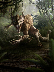 A ferocious reptile with an open mouth, sharp claws and teeth hunts in the jungle among trees and vines. Predatory dinosaur with horns, spikes on the tail and a crest on the back in the rainforest.