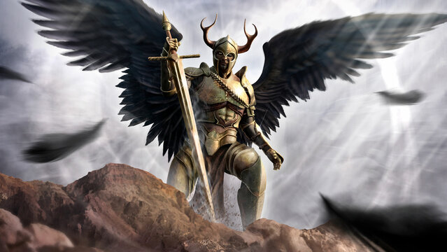 Fantasy character in full growth, An angel in a helmet with horns radiates magic while standing on a sandy hill. A warrior of light with large dark wings in golden armor sticks a sword into the ground