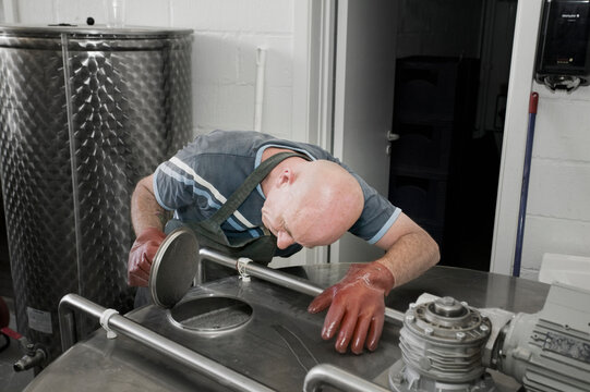 The brewmaster at a small brewery in Raervig, Denmark, inspects the batch of beer.