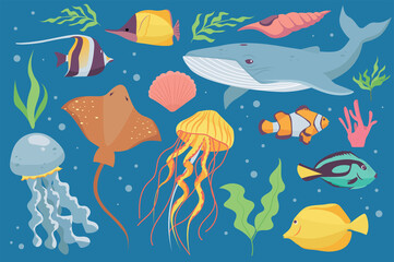 Underwater life isolated elements set in flat design. Bundle of different tropical and other fishes, whale, crab shell, algae, stingray, jellyfish, seaweed and undersea seashell.