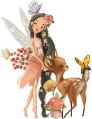 Cute and beautiful hand painted watercolor fairy, mystic and whimsical, enchanted forest creature. Childrens book fairytale, tale illustration, clipart - 562089117