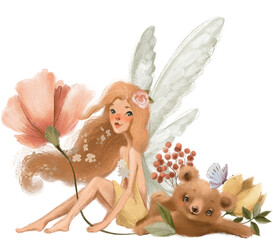 Cute and beautiful hand painted watercolor fairy, mystic and whimsical, enchanted forest creature. Childrens book fairytale, tale illustration, clipart - 562089179