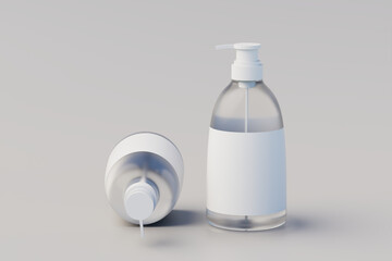 Transparent Plastic Pump Bottle Mock Up, Liquid Soap, Shampoo Dispenser. Two bottles. 3D Rendering