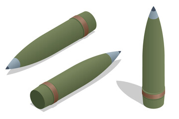 Isometric ammunition for 155 mm howitzer M777. Modern shells for heavy assault barrel artillery. - obrazy, fototapety, plakaty