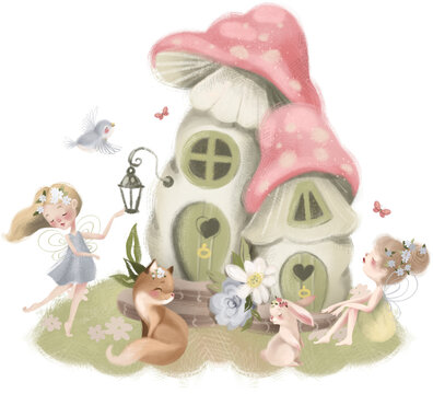 Cute and beautiful hand painted watercolor fairy, mystic and whimsical, enchanted forest creature. Childrens book fairytale, tale illustration, clipart