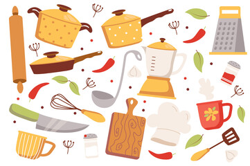 Kitchen appliances isolated elements set in flat design. Bundle of rolling pin, saucepan, frying pan, ladle, grater, spices, whisk, knife, cup, chef hat, cutting board and other.