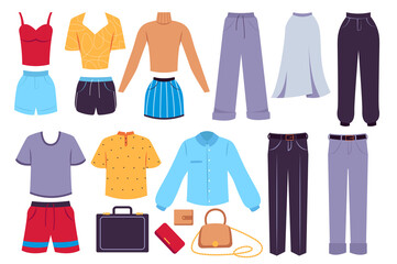 Clothes elements isolated set in flat design. Bundle of t-shirt, top, shorts, blouse, pants, skirt, trousers, shirts, bags and purse. Stylish garment for woman and man wardrobe.