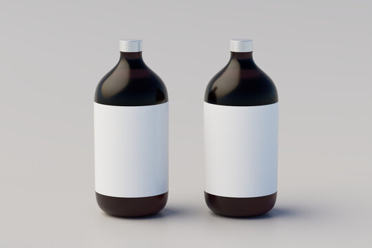 Minimalistic concept. Cold Brew Coffee Amber. Brown Large Glass Bottle Packaging Mockup. Multiple Bottles. Blank Label. 3D Rendering