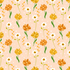 Floral, bloom pattern design. Hand drawn painting spring small flowers. flower seamless pastel pink background. Little white, yellow and orange color meadow flowers and tiny Valentine hearts - 562089783