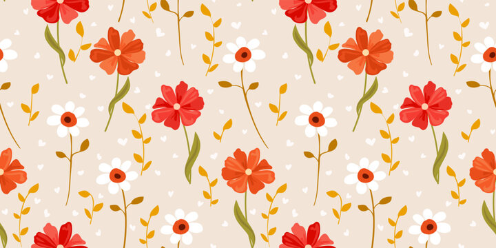 Floral fashion print pattern design. Hand drawn painting spring small flowers. flower seamless background. Little white, red and orange color meadow flowers and tiny Valentine hearts