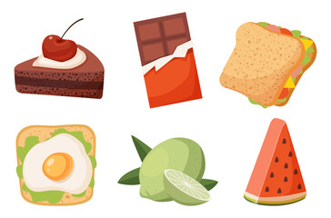 set of products toast with scrambled eggs sandwich lemon lime piece of cake chocolate bar and a slice of watermelon