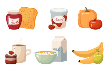set food bowl with cereal and milk vegetables fruit cup of coffee and cake jar with jam and toast and cherry yogurt
