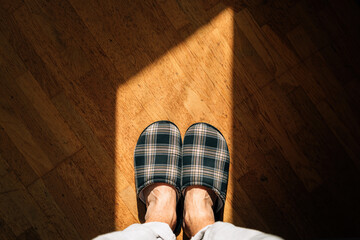 Top view of male feet wearing home slippers and standing on hardwood flooring in living room - obrazy, fototapety, plakaty