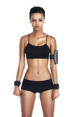 Fototapeta premium Music, fitness and sports with woman and phone for workout, health and cardio training. Podcast, mobile radio and motivation with portrait girl listening to earphones for exercise, streaming and goal