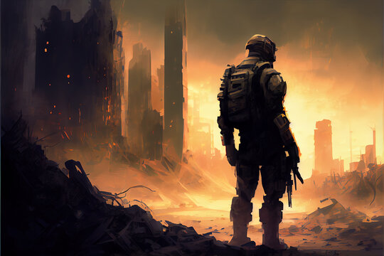 Lone soldier walking in destroyed city, war or natural disaster concept