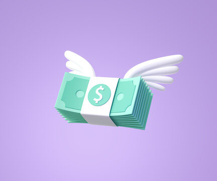3D Flying stack of money on purple background. on the wings. Concept investment, wealth. inflation, flying away savings, money devaluation. money spending, cashless society concept. 3D Rendering