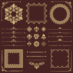 Vintage brown and golden set of vector horizontal, square and round elements. Elements for backgrounds and frames. Classic patterns. Set of vintage patterns